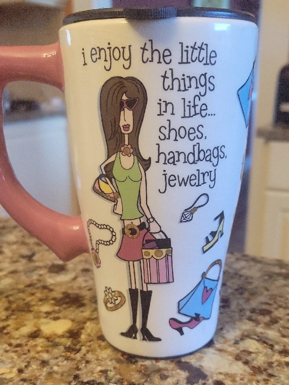 Spoontiques Pink Handle Ceramic Travel Mug with Fashion Illustration 16 Oz EUC